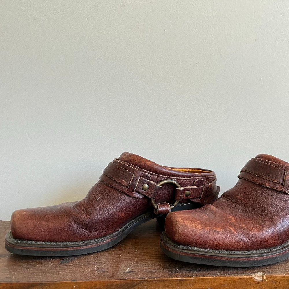 Frye chestnut belted harness mule